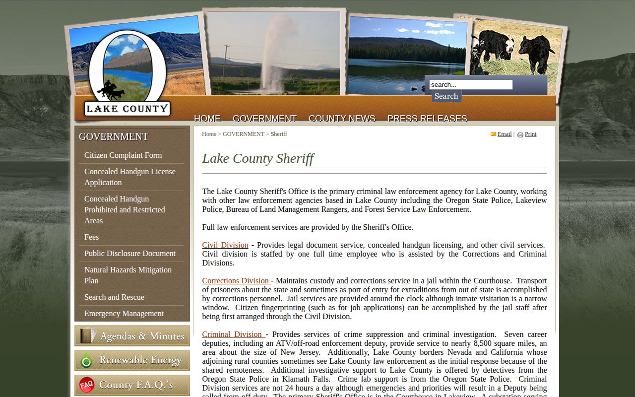 Lake County Sheriff corrections page for release and transfer records